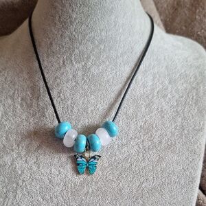 Blue and Pin Butterfly Pendant Necklace